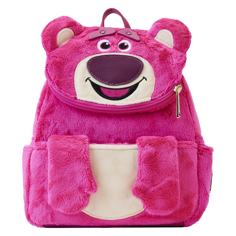 Image of the pink, plush Lotso mini backpack with his hands draped over the front pocket